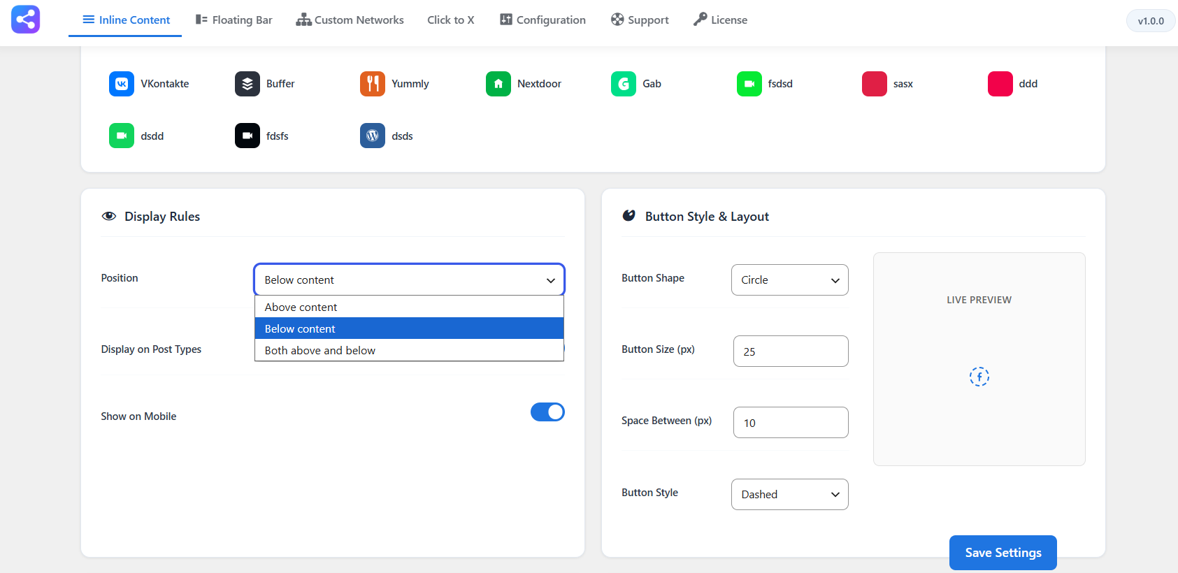Inline Content settings screenshot